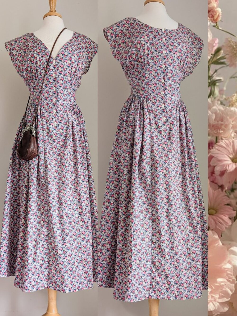 Vintage Floral Button Front Cinched Waist Cotton Midi Dress Size Small 80's - Picture 11 of 11
